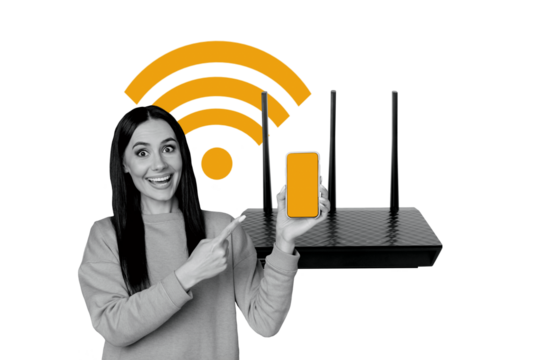 Creative collage picture young happy amazed girl pointing smartphone screen router signal wifi internet connection access modern technology