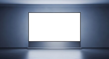 Fototapeta premium Vibrant Blank White Screen in a Sleek, Reflective Blue-Grey Futuristic Room.