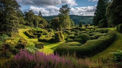Topiary garden landscape with manicured hedges and greenery under sunlight