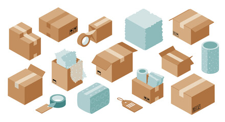 Isometric cardboard boxes and packing materials for shipping and moving