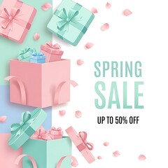 Spring Sale Promotion with Colorful Gift Boxes and Floral Accents.