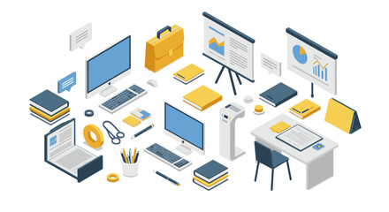 Isometric office workspace with modern tech gadgets and stationery items