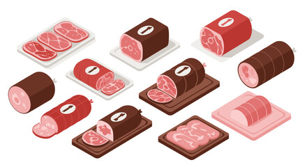 Variety of isometric sliced meats on cutting boards and trays