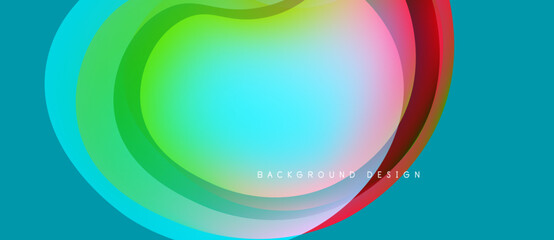 Abstract flowing shapes, vibrant colors blend. Turquoise background complements dynamic design elements. Modern aesthetic, smooth gradients present.