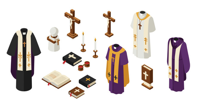 Isometric collection of religious items and clergy vestments