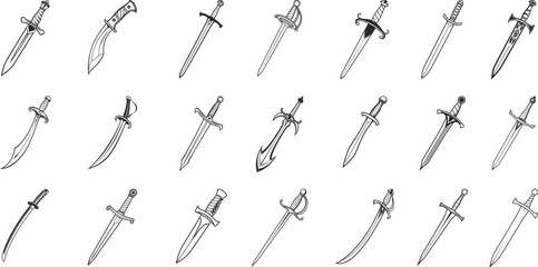 Naklejka premium Collection of hand-drawn sword and dagger icons in black and white outline. Set includes fantasy, medieval, and curved blade designs. Perfect for tattoo art, games, or graphic illustration.