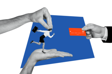 Creative picture collage young businesswoman run credit card salary increase payment method cashless finance money human hands