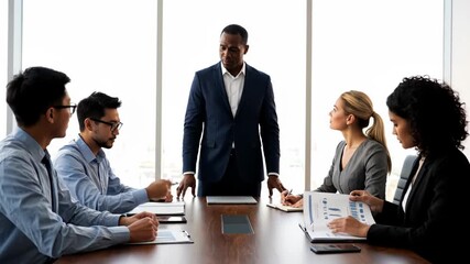 A diverse group of business professionals in a modern boardroom, with a male leader presenting to his team during a meeting - Powered by Adobe