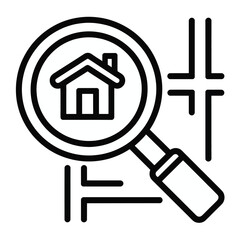 Vector icon of a magnifying glass over a house and property lines for real estate search and analysis eps file silhouette vector illustration white background