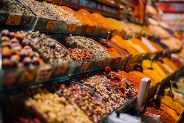 Istanbul, Turkiye - 05 October 2019: View of vibrant spices creating a textural tapestry of colors and aromas at the Spice Bazaar.