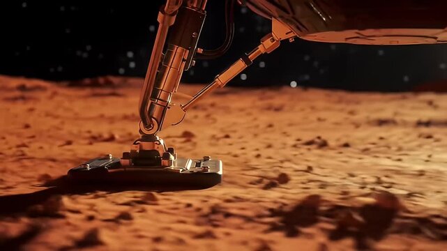 Space lander leg standing on a martian terrain with stary night in the background