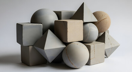 A collection of gray geometric shapes including cubes spheres and pyramids against a white background