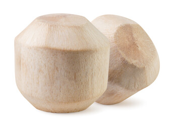 Two young coconuts close-up on a white. Isolated