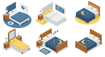 Isometric bedroom designs with cozy beds and night sky decor