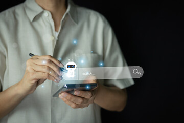 The synergy of human and artificial intelligence optimizing digital search. Man interacting with AI chatbot interface on smartphone screens, symbolizing advanced SEO, Big Data analysis.