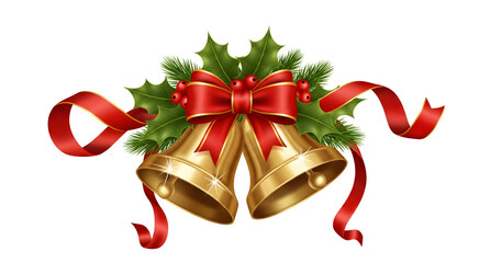 Red ribbon Christmas bells ornament decorating a holiday pine branch