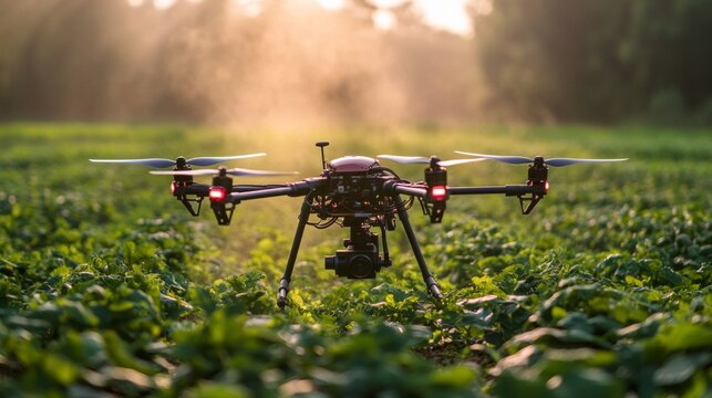 A quadcopter with a camera flies over a green field at sunset.
Useful for articles on modern technology, agriculture, aerial photography, and the use of drones in various industries.