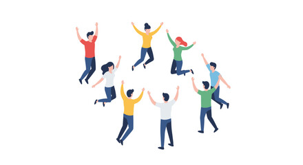 Jumping celebration: diverse team in flat design on white background