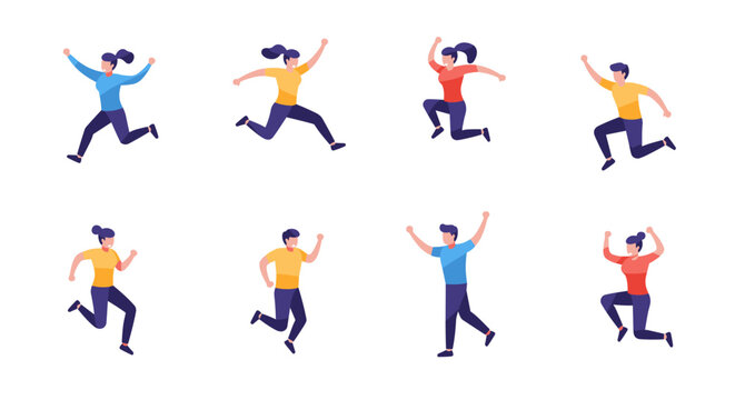Energetic people in flat style jumping and running in various poses