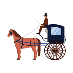 Classic Victorian street scene showing a horse-drawn carriage and driver isolated vector illustration