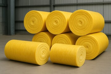 Yellow insulation rolls storing in warehouse for construction industry