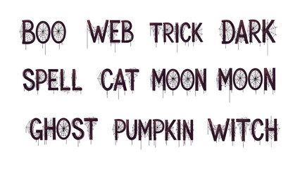 Spooky Halloween Words: A collection of words, each with a unique spider web design, sets the stage for a night of fright and fun. Embrace the essence of Halloween through evocative vocabulary.