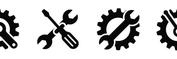 Scalable vector illustration set of four industrial tools gear wrench and screwdriver icons eps format silhouette vector illustration white background