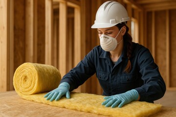 Woman construction worker installing insulation for energy efficiency