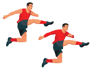 East Asian runner in a red seasonal sports uniform in a half-turn, who jumps over an obstacle, two isolated figures