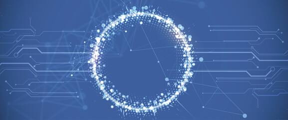Technology science concept banner. Molecular technology structure with digital overlay