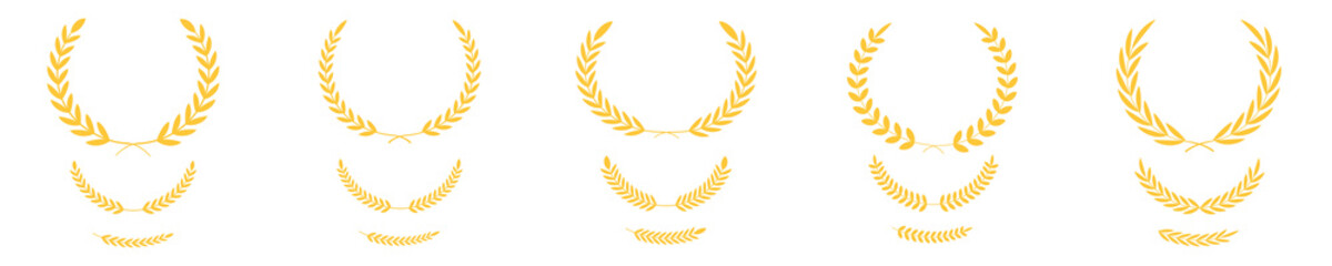 Golden laurel wreath set of four elegant vector elements, classic victory award branch icons, luxury achievement prize decoration clip art, isolated heraldic crown symbols on transparent background.