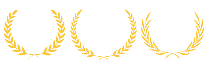 Golden laurel wreath set of four elegant vector elements, classic victory award branch icons, luxury achievement prize decoration clip art, isolated heraldic crown symbols on transparent background.
