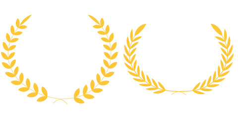 Golden laurel wreath set of four elegant vector elements, classic victory award branch icons, luxury achievement prize decoration clip art, isolated heraldic crown symbols on transparent background.
