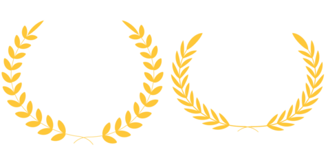 Golden laurel wreath set of four elegant vector elements, classic victory award branch icons, luxury achievement prize decoration clip art, isolated heraldic crown symbols on transparent background.