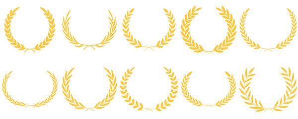 Golden laurel wreath set of four elegant vector elements, classic victory award branch icons, luxury achievement prize decoration clip art, isolated heraldic crown symbols on transparent background.