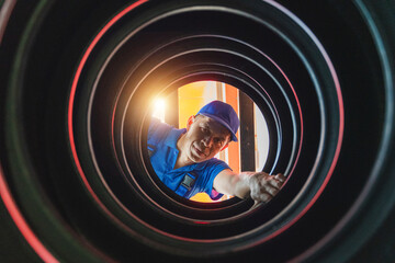 Skilled Technician Inspecting Equipment through Circular Lens in Modern Workshop with Creative Lighting and Clear Focus on Professionalism and Precision