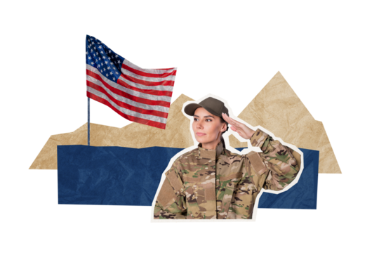Composite collage image of female soldier salute national independence america day fourth july concept weird freak bizarre unusual fantasy