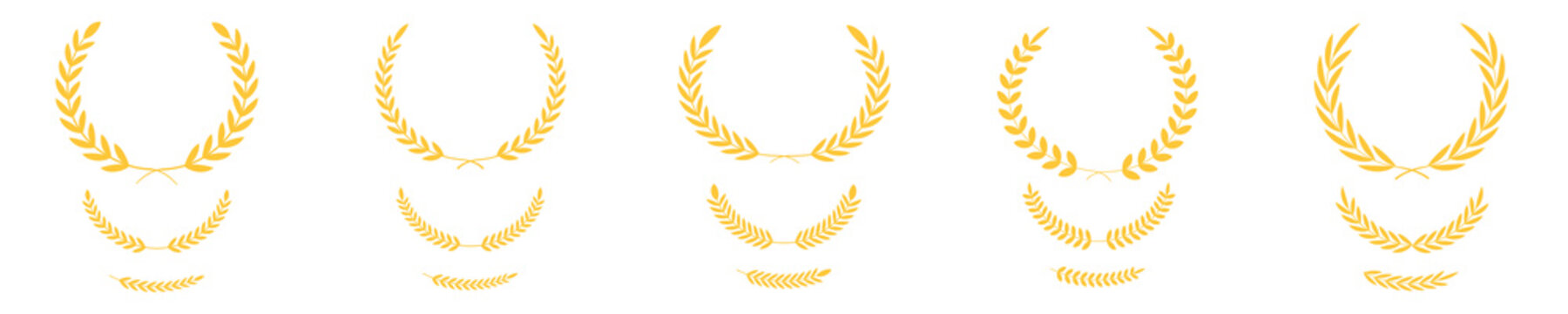 Golden laurel wreath set of four elegant vector elements, classic victory award branch icons, luxury achievement prize decoration clip art, isolated heraldic crown symbols on transparent background.