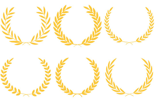 Golden laurel wreath set of four elegant vector elements, classic victory award branch icons, luxury achievement prize decoration clip art, isolated heraldic crown symbols on transparent background.