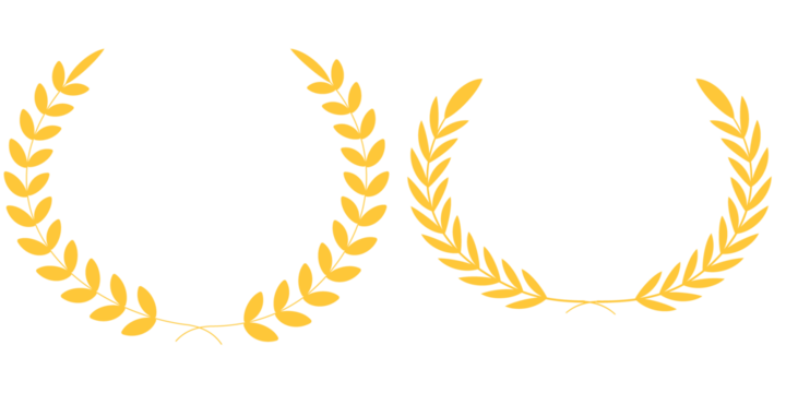 Golden laurel wreath set of four elegant vector elements, classic victory award branch icons, luxury achievement prize decoration clip art, isolated heraldic crown symbols on transparent background.