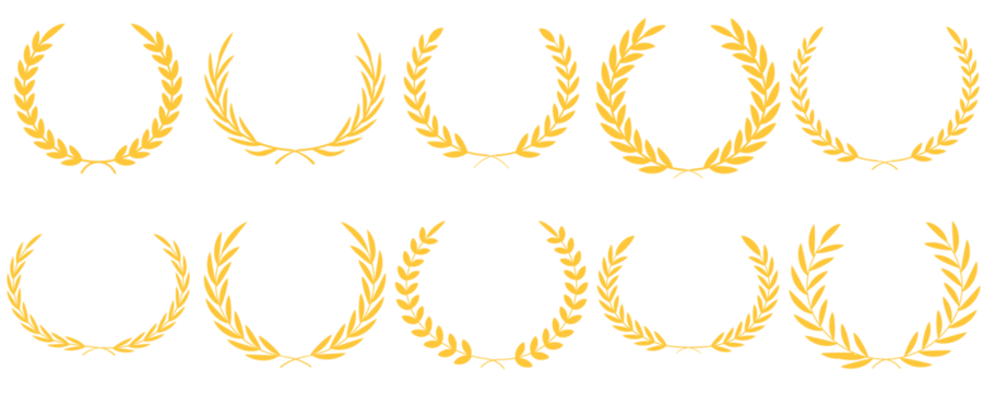 Golden laurel wreath set of four elegant vector elements, classic victory award branch icons, luxury achievement prize decoration clip art, isolated heraldic crown symbols on transparent background.