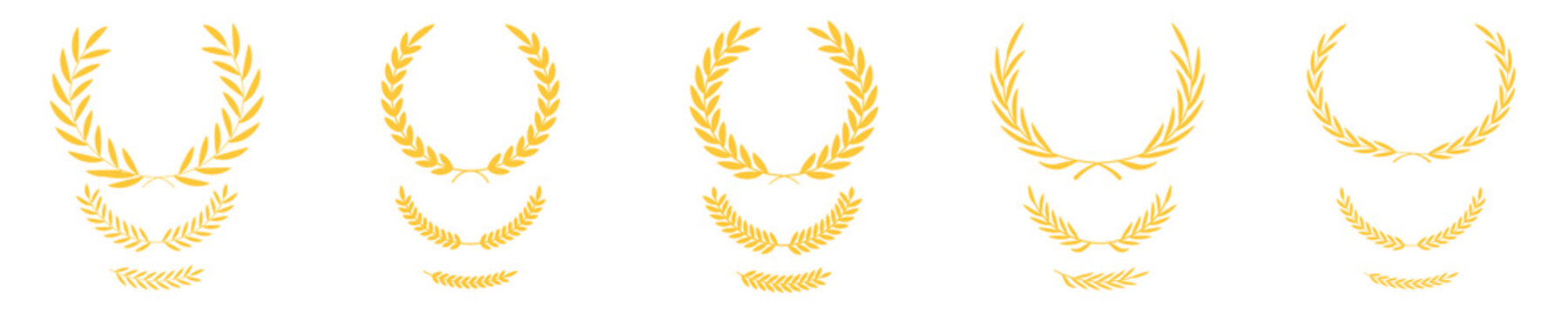 Golden branch of olive leaves or stars of victory symbol, insignia emblem decoration design, triumph honor champion prize isolated on white. Gold laurel wreath, winner award set vector illustration.