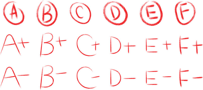 Handwritten school grades a b c d e f with plus and minus signs on a white background.