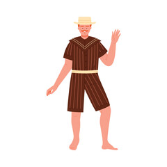 Smiling man wearing vintage Victorian striped swimsuit and straw hat, isolated on white vector illustration