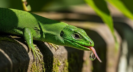 Vibrant Green Lizard Extends Tongue on Weathered Wood in Natural Sunlight.