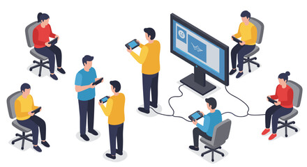 Obraz premium Team collaboration in modern office with digital devices and big screen