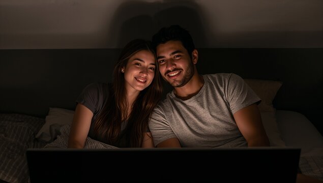 Couple in casual t-shirts leaning on pillows on bed in bedroom, with laptop screen casting glow
