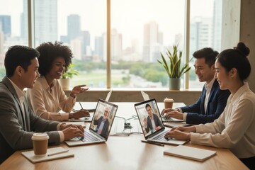 Diverse team in video conference in modern office with city view.