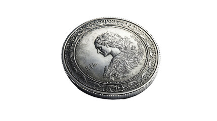 Antique Silver Coin with Royal Profile  Ornate Relief Detail  Vintage Collectors Item on transparent background