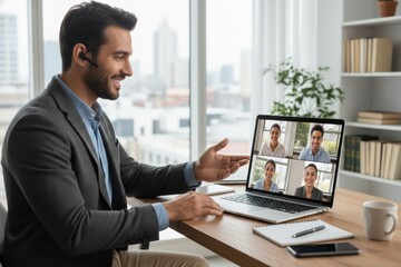 Young caucasian male conducting virtual business meeting with diverse team in modern office.